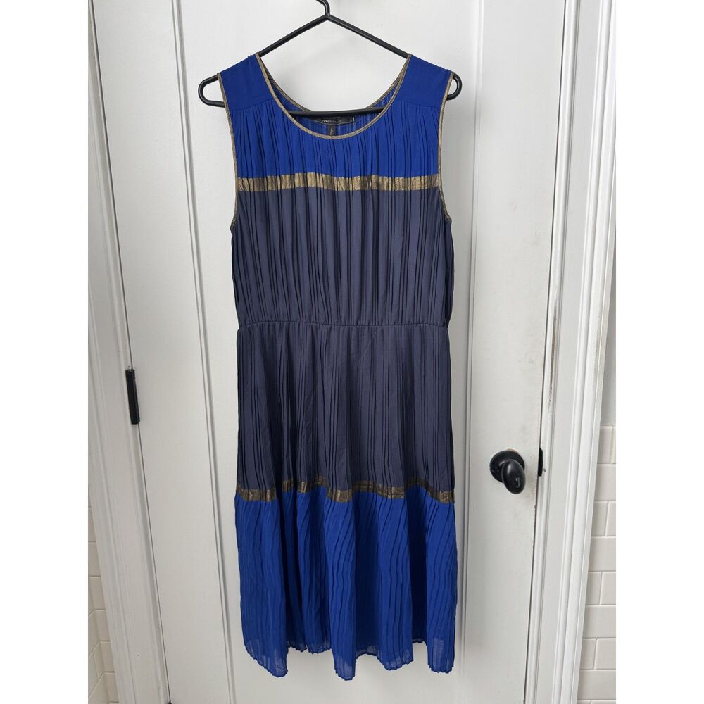 BCBG Blue & Gold Grecian Pleated Dress - Size Medium